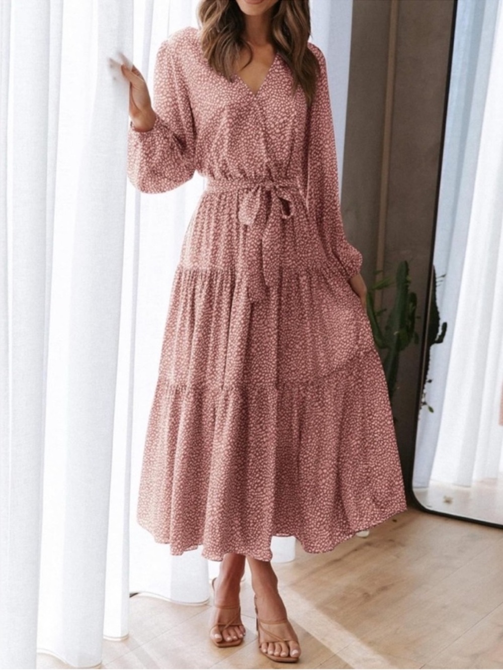 Long sleeve maxi midi dress summer print pink flowy floral